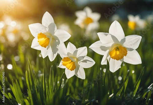 Beautiful big white narcissus flower in the grass in the sun shines in the morning in the spring sum photo