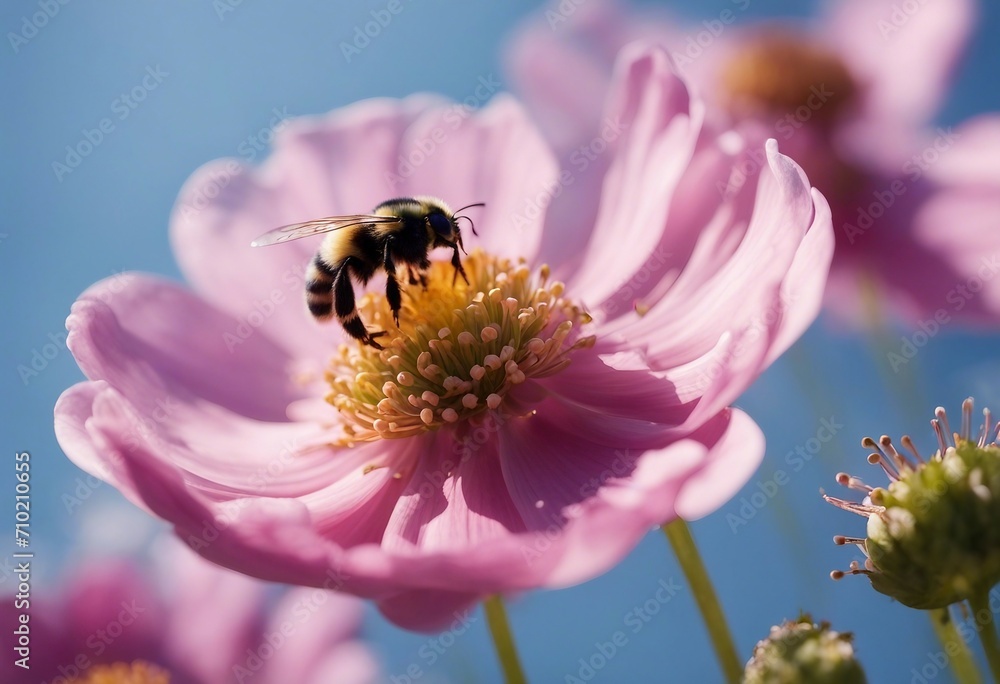 Beautiful pink anemone flower macro on a summer meadow and a flying bumblebee on a blue sky backgrou Beautiful pink anemone flower macro on a summer meadow and a flying bumblebee on a blue sky backgrou