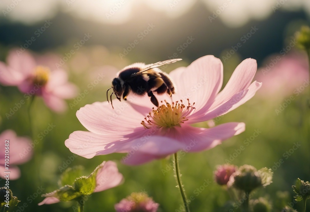 Beautiful pink japanese anemone flower on spring green field and flying bumblebee in nature macro on Beautiful pink japanese anemone flower on spring green field and flying bumblebee in nature macro on