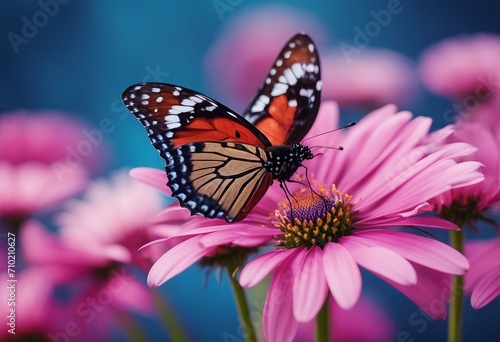 Beautiful multicolored colorful butterfly on bright pink magenta flower daisy macro on blue backgrou