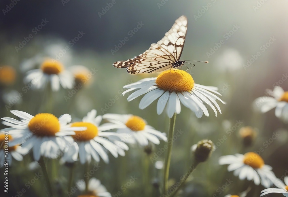 Beautiful wild flowers daisies and butterfly in morning cool haze in nature spring close-up macro De Beautiful wild flowers daisies and butterfly in morning cool haze in nature spring close-up macro De