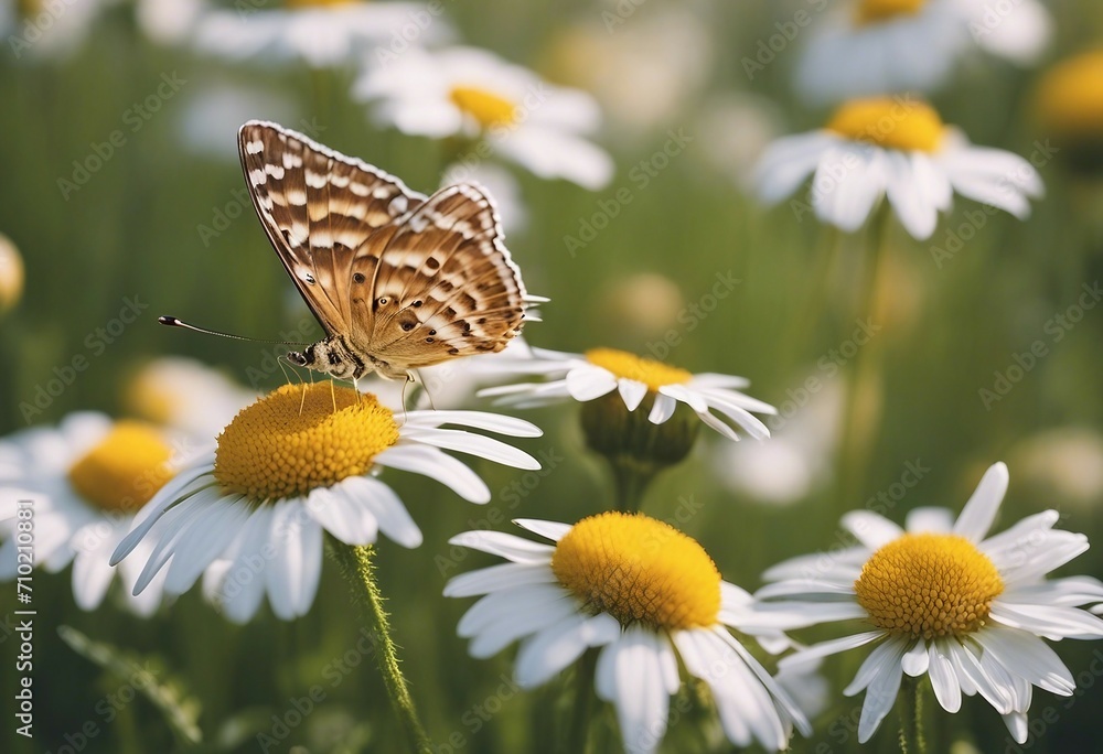 Beautiful wild flowers daisies and butterfly in morning cool haze in nature spring close-up macro De Beautiful wild flowers daisies and butterfly in morning cool haze in nature spring close-up macro De