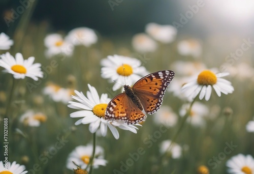 Beautiful wild flowers daisies and butterfly in morning cool haze in nature spring close-up macro De © ArtisticLens
