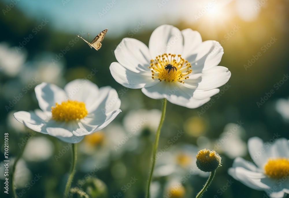 Detail with shallow focus of white anemone flower with yellow stamens and butterfly in nature macro Detail with shallow focus of white anemone flower with yellow stamens and butterfly in nature macro