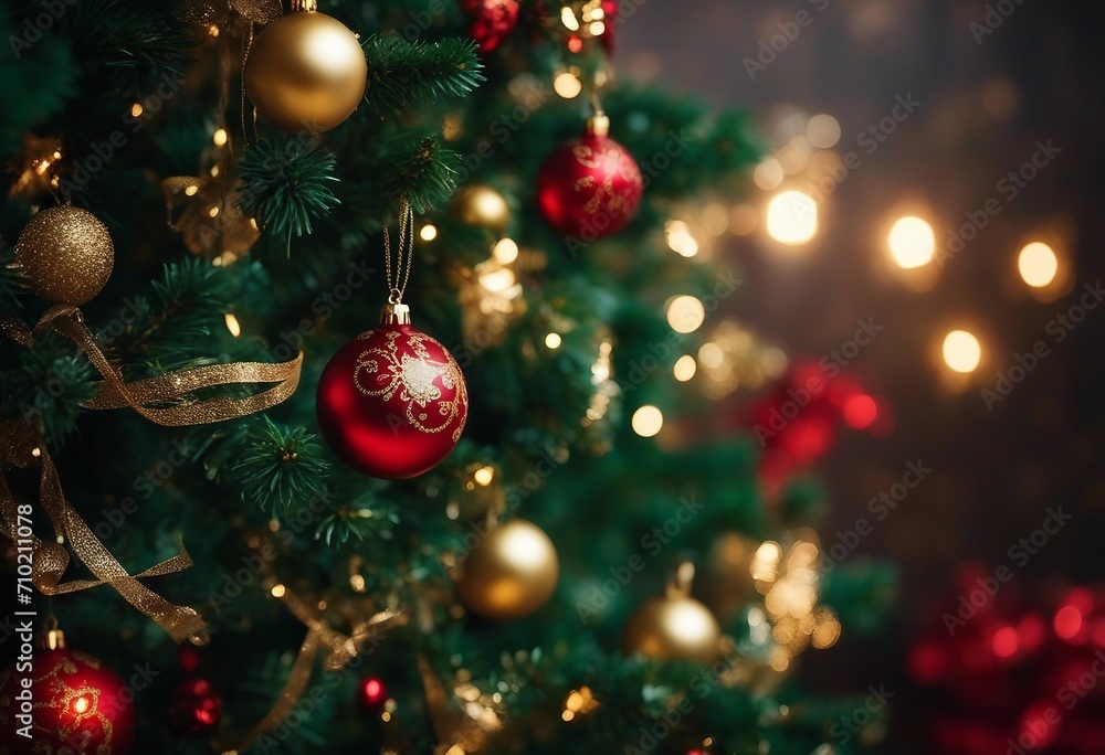 Festive green Christmas tree decorated with gold and red toys balls and bows with soft focus in even