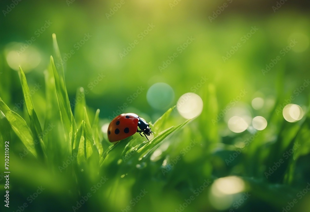 Fresh juicy young grass in nature in the rays of sunlight with a beautiful sparkling bokeh and ladyb Fresh juicy young grass in nature in the rays of sunlight with a beautiful sparkling bokeh and ladyb