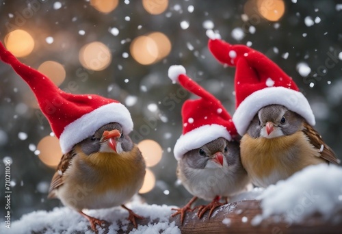 Cute funny merry Christmas sparrows in the New Year with a red cap with little red hats during a sno