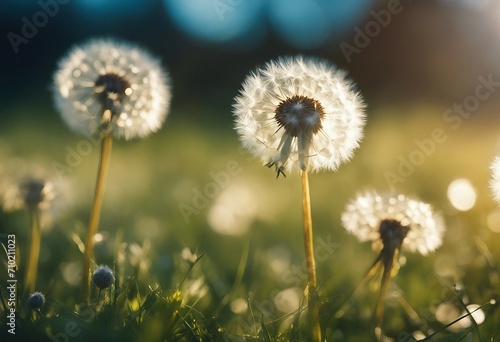 Easy air glowing dandelions with soft focus in grass summer sun morning outdoors close-up macro on b