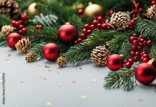Festive Christmas border isolated on white background Fir green branches are decorated with gold sta