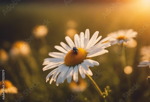 Flower daisies chamomile with ladybug in the grass on gold background summer sun at sunset in the ra