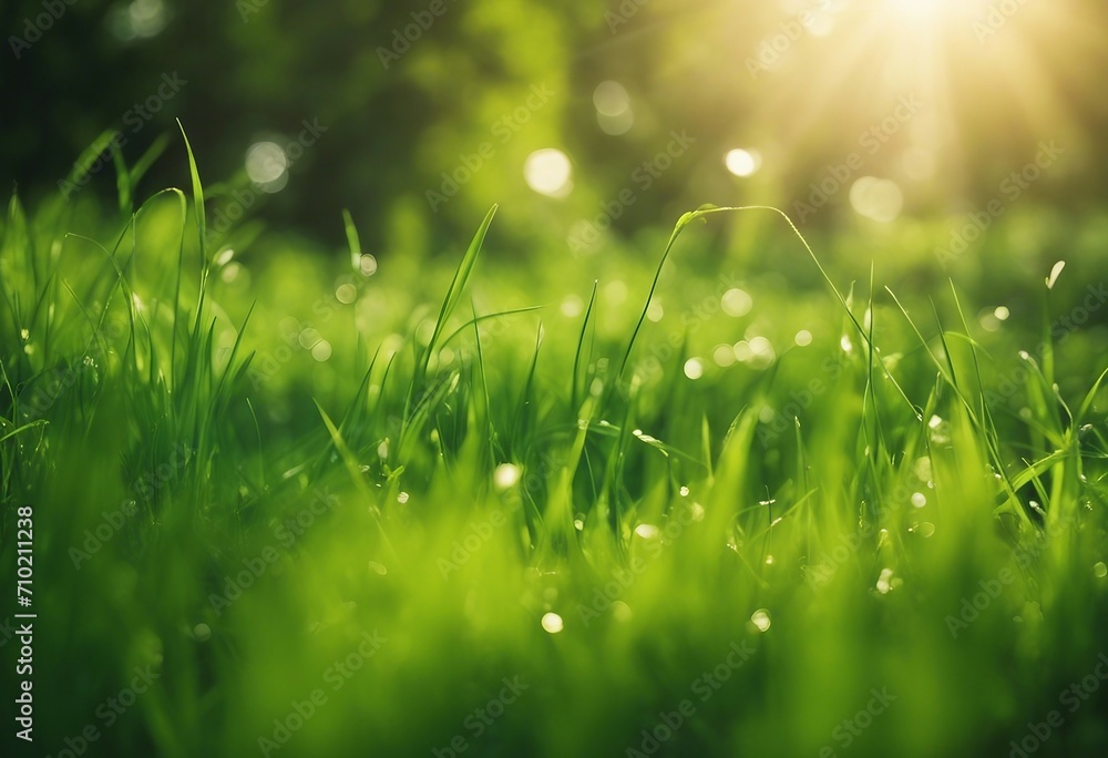 Natural green defocused background with sunshine Juicy young grass and foliage copy space