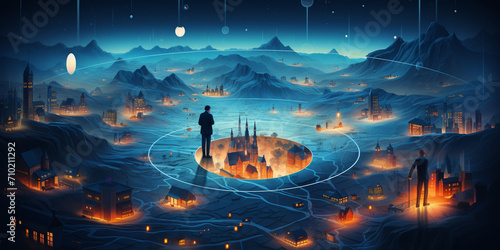 A man stands on the surface of an alien planet and looks at a circle of neon. Silhouette against the backdrop of a fantastic landscape.AI Generative