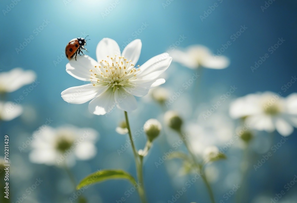 Surprisingly beautiful soft elegant white flower with buds and ladybug on blue background in rays of Surprisingly beautiful soft elegant white flower with buds and ladybug on blue background in rays of