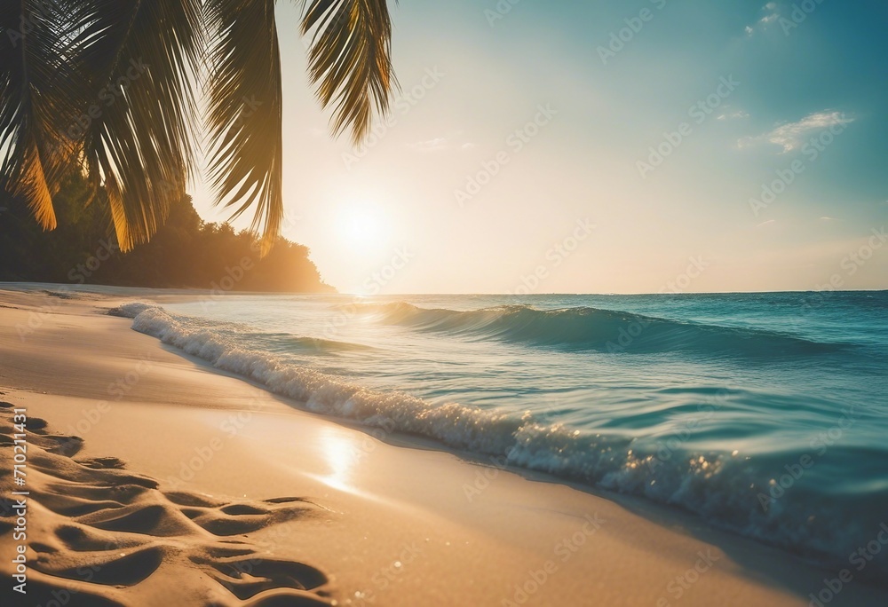 Summer landscape nature of tropical beach with rays of sun light Golden sand beach palm tree wave se