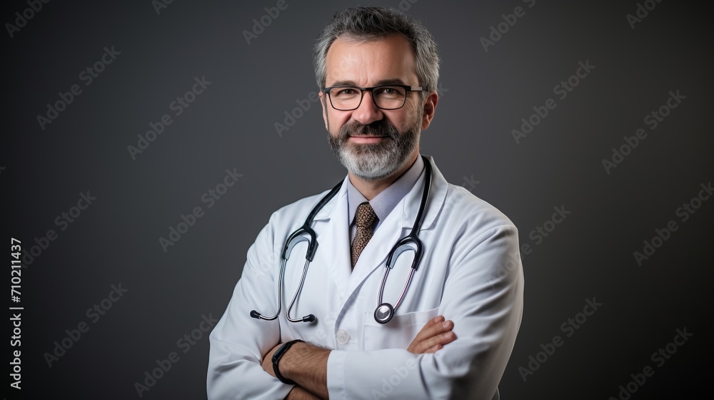 Smiling male doctor with folded arms, grey studio background, healthcare and medical staff concept. Smiling male doctor with folded arms, grey studio background, healthcare and medical staff concept.