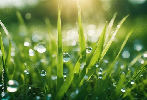 Transparent droplets of dew in grass on summer morning sparkle in sunlight in nature Fresh grass wit
