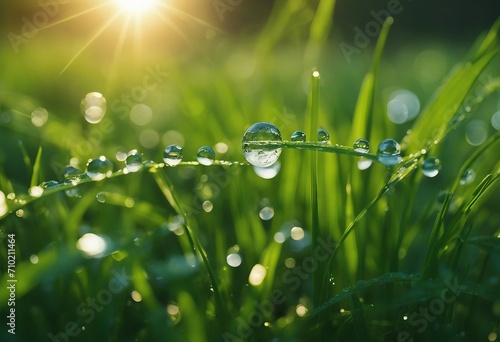 Transparent droplets of dew in grass on summer morning sparkle in sunlight in nature Young juicy fre