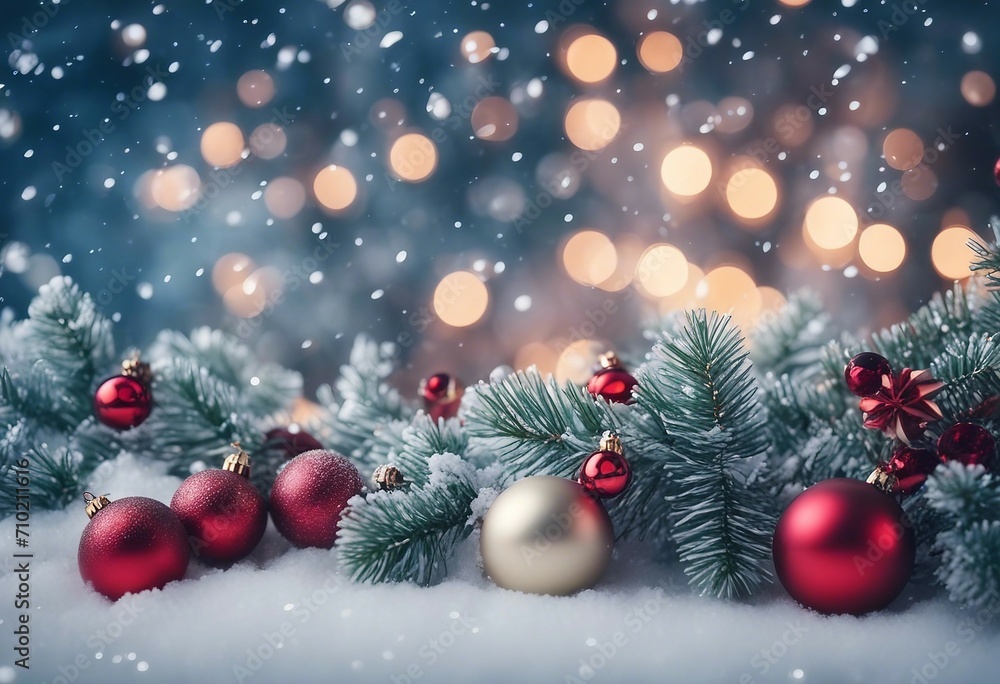 Winter panoramic background with snow-covered spruce branches Christmas tree decorated with toys in Winter panoramic background with snow-covered spruce branches Christmas tree decorated with toys in