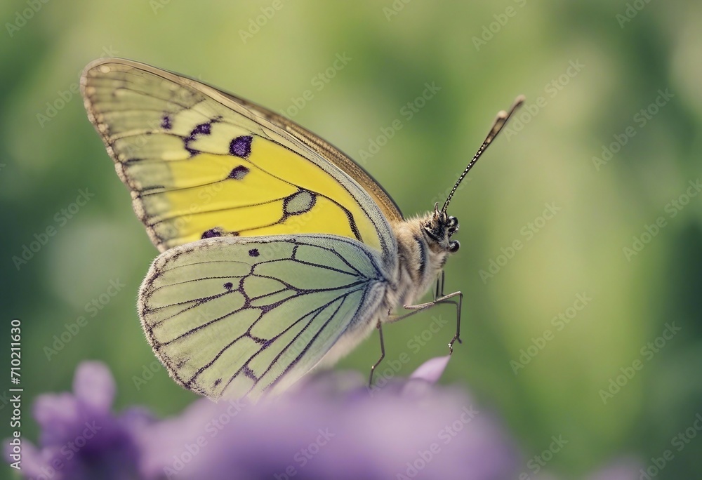 Yellow butterfly close-up macro on wild meadow violet flower in spring summer on a beautiful soft bl Yellow butterfly close-up macro on wild meadow violet flower in spring summer on a beautiful soft bl