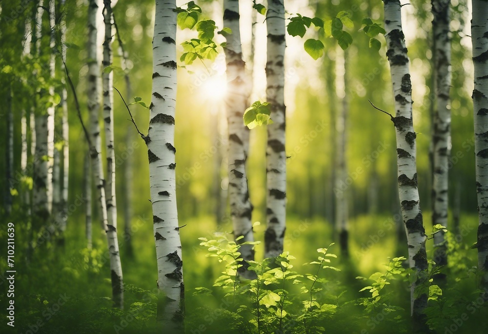 Young slim thin birch trees in the spring in the forest Branches of birch trees with young juicy lea - obrazy, fototapety, plakaty 