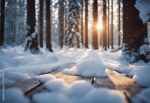Winter christmas scenic background with copy space Wooden flooring strewn with snow in forest and la