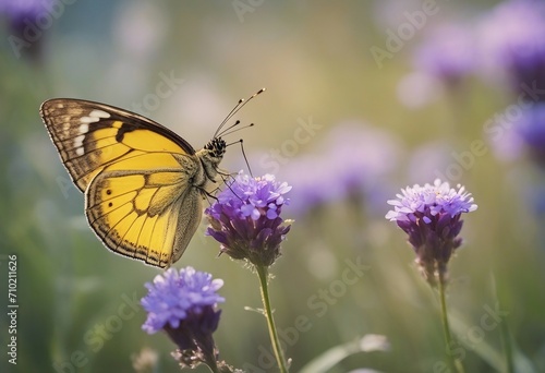 Yellow butterfly close-up macro on wild meadow purple flowers in spring summer on a beautiful soft b
