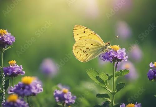 Yellow butterfly close-up macro on wild meadow violet flower in spring summer on a beautiful soft bl © ArtisticLens