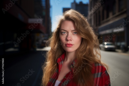 Ordinary woman on city street serious face