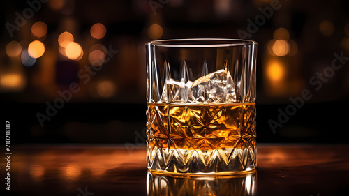 A close up of whiskey drink in a whiskey glass on a bar table photo