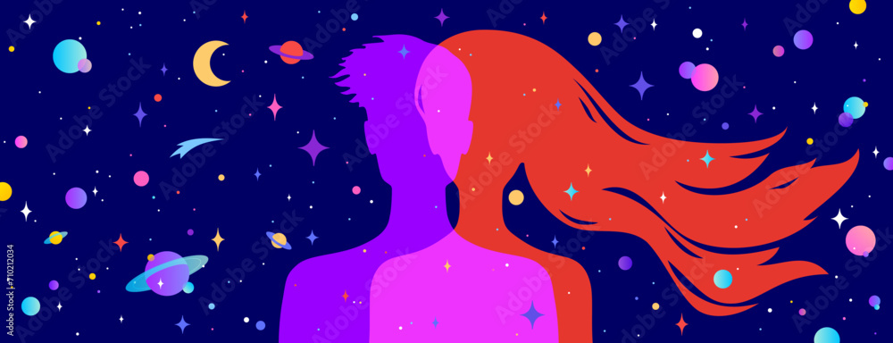 Couple woman, man dreams. Modern flat character silhouette woman, man with dream universe, cosmos, stars background. Character couple, imagination connection universe starry night. Vector illustration