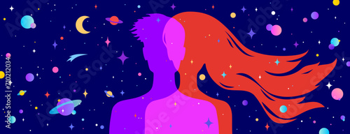 Couple woman, man dreams. Modern flat character silhouette woman, man with dream universe, cosmos, stars background. Character couple, imagination connection universe starry night. Vector illustration