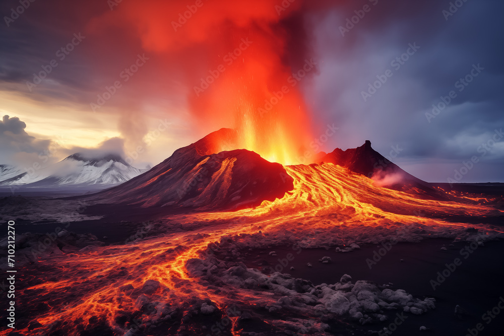 An active volcano spewing hot lava all around in Iceland. Fagradalsfjall Volcano