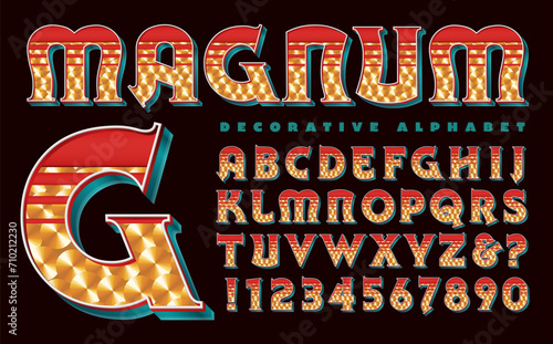 Magnum is a super ornate decorative alphabet, with gold leaf burnished circular effects and red stripes. Traditional sign painter letters for motorsports, barber shop, or tattoo parlor windows.