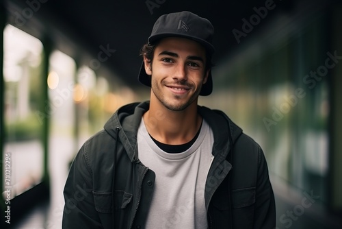 Portrait of a handsome young man with cap smiling at the camera