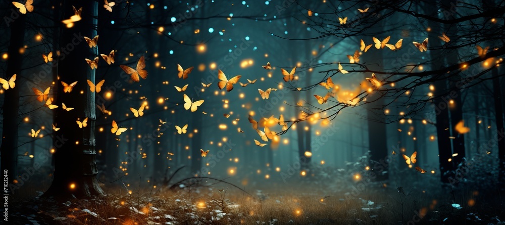 Glowing forest clearing with fireflies, fairies, and woodland creatures in a midnight celebration