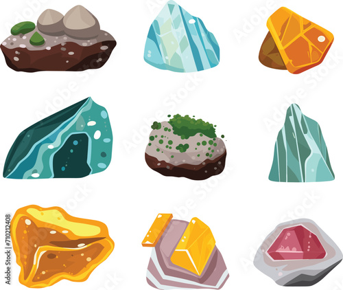 Collection of colorful gemstones, various crystals and minerals. Cartoon precious stones and geology theme. Vector illustration of different shiny rocks and gems.