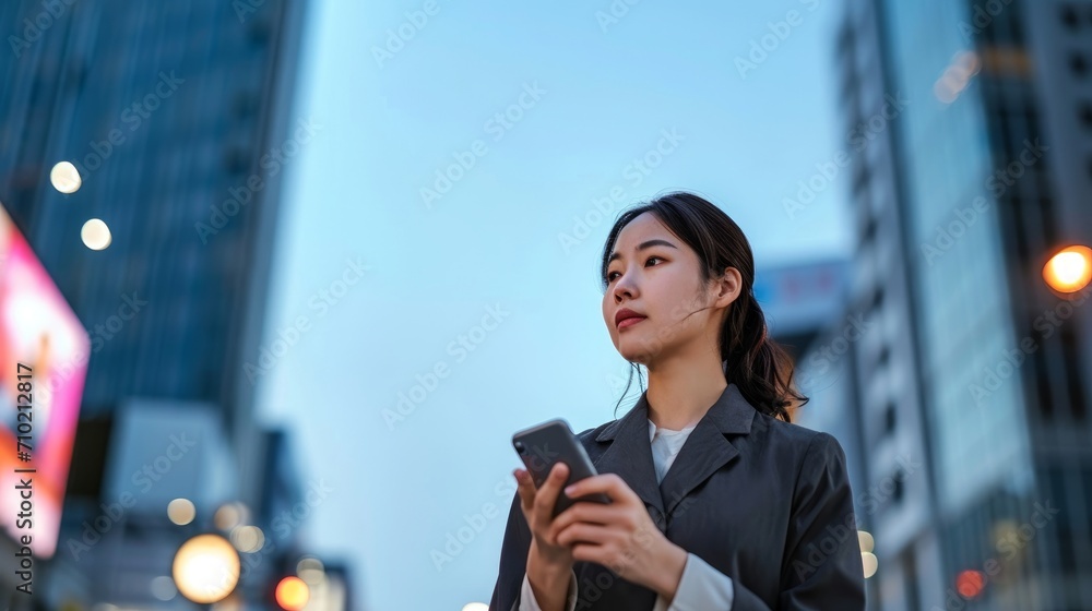 Young busy successful beautiful Asian business woman, korean professional businesswoman holding cellphone using smartphone standing or walking on big city urban street, Generative AI
