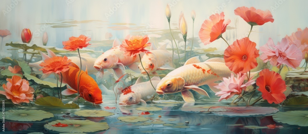 Lotus pond with goldfish playing