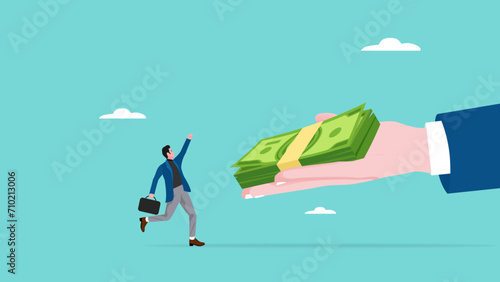 receive payment, reward or employee benefits, wages payment or bonus, bill payment, annual bonus, salary payment concept, happy worker receives money banknotes from businessman hand concept vector