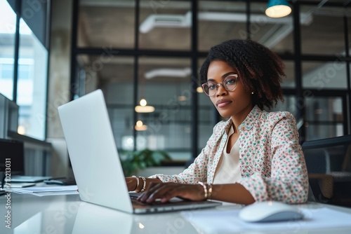 Busy professional business woman employee working looking at computer typing in office. Young African American female company finance manager executive using laptop sitting at desk. Generative AI