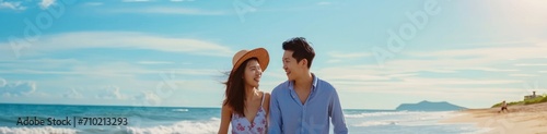 Asian Couple Walking On Coast Holiday Background Generative AI