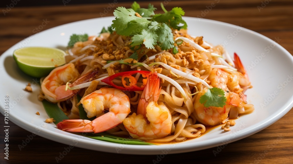 A detailed shot of Pad Thai noodles, the shrimp arranged meticulously, with every element of the dish showcased in high definition.