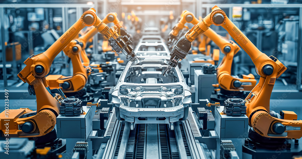 Car manufacturer. Car Factory Digitalization Industry. Automated Robot Arm Assembly Line Manufacturing High-Tech Electric Vehicles. 