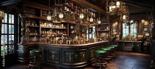 Steampunk laboratory with brass machinery, glowing concoctions, and mesmerizing gears