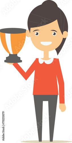 Young cartoon woman holding trophy with happy expression. Female character celebrating victory or success. Award and achievement vector illustration.