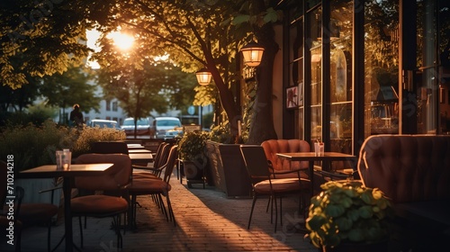  Exterior shot of a coffee shop s outdoor seating area during the golden hour  creating a warm and inviting ambiance 