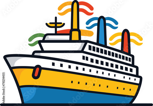 Colorful cruise ship with smoke stacks on clear background. Cartoon style ocean liner illustration. Seaside travel and maritime transport vector illustration.