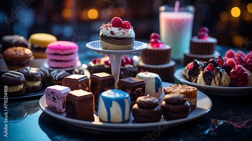  Indulgent shots of an array of chocolate desserts, including truffles, cakes, and pastries,  © Sladjana