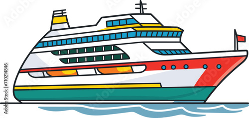 Cruise ship sailing on water, colorful modern vessel at sea. Ocean liner travel and maritime transport vector illustration.