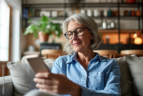 Relaxed mature old 60s woman, older middle aged female customer holding smartphone using mobile app, texting message, search ecommerce offers on cell phone technology device, Generative AI